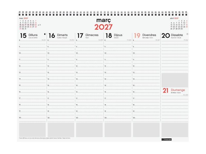 Finocam Neutro Vade Calendario in Catalano - Annuale 2027 - Visualizzazione Settimanale Verticale - 420x310mm - Spirale Doppia - Carta da 90g/m2 - Spazio per Note - Copertine in Polipropilene - Colore Rosso e Bianco