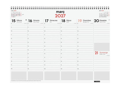 Finocam Neutro Vade Calendario in Catalano - Annuale 2027 - Visualizzazione Settimanale Verticale - 420x310mm - Spirale Doppia - Carta da 90g/m2 - Spazio per Note - Copertine in Polipropilene - Colore Rosso e Bianco