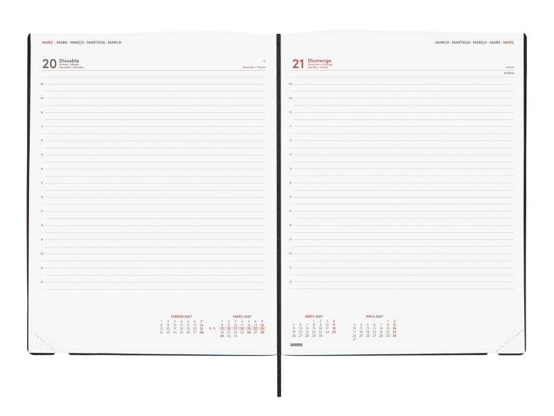 Finocam Dynamic Mara Agenda Professionale in Catalano - Annuale 2027 - 1 Giorno per Pagina - Formato Y12 - 210x270mm - Elastico - Copertina Morbida in PU - Angoli Microforati - Carta 80g/m2 - Nero
