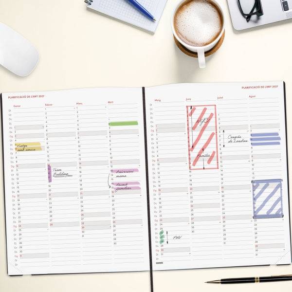 Finocam Dynamic Mara Agenda Professionale in Catalano - Annuale 2027 - 1 Giorno per Pagina - Formato Y12 - 210x270mm - Elastico - Copertina Morbida in PU - Angoli Microforati - Carta 80g/m2 - Nero