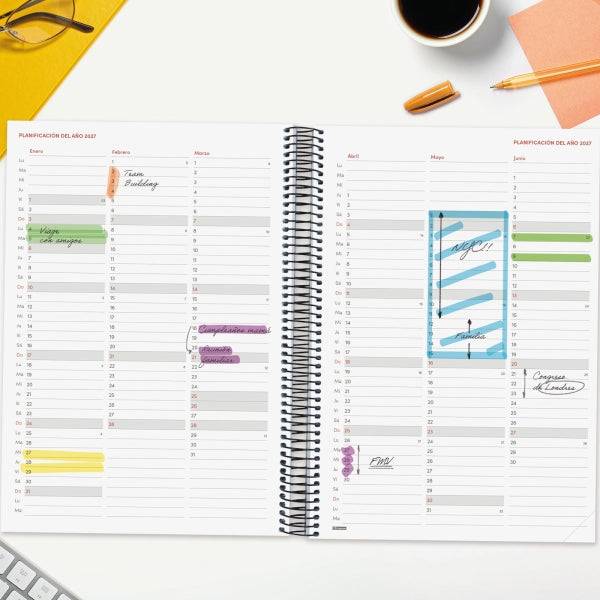 Finocam Espiral Basics Year Agenda - Annuale 2027 - 1 Giorno per Pagina - Formato E40 - 210x297mm - Spirale - Copertina in Polipropilene - Angoli Microforati - Carta da 70g/m2