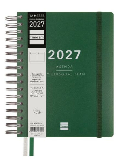 Finocam Tempus Agenda - Annuale 2027 - 1 Giorno per Pagina - 155x217mm - Spirale Doppia - Copertina Extradura in Polipropilene - 2 Nastri Segnalibro - Carta da 80g/m2