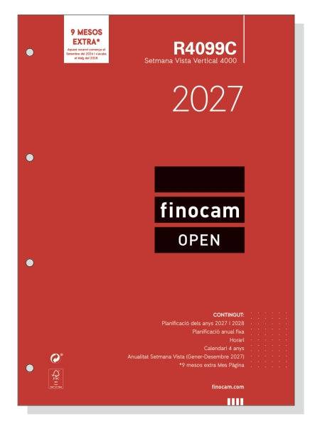 Finocam R4099C Ricambio per Agenda Open in Catalano - Annuale 2027 - Visualizzazione Settimanale Verticale - Formato A4 - 210x297mm - Carta da 80g/m2 - Colore Bianco