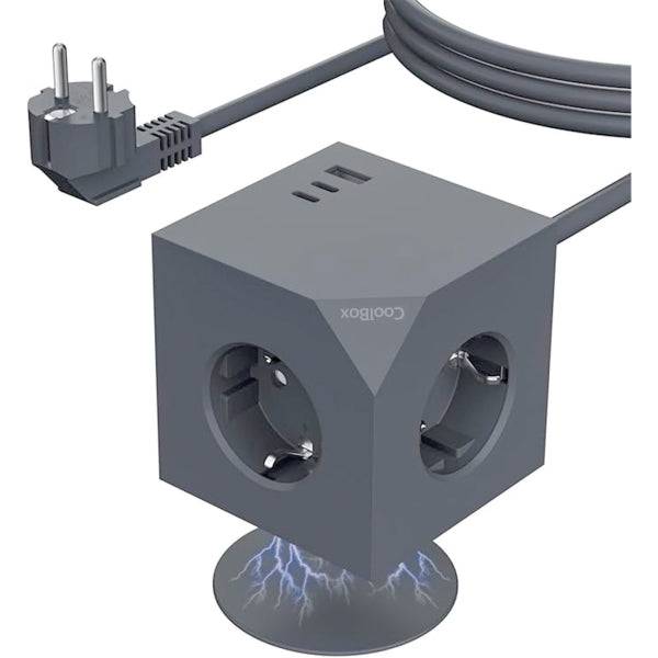 Coolbox Cubik Magnet Cubo Multienchufes de Sobremesa con 3 Tomas + 2x USB-C 20W max. - 1x USB-A 15W max. - Cable de 1,4m - Fijacion Magnetica - Colore Grigio