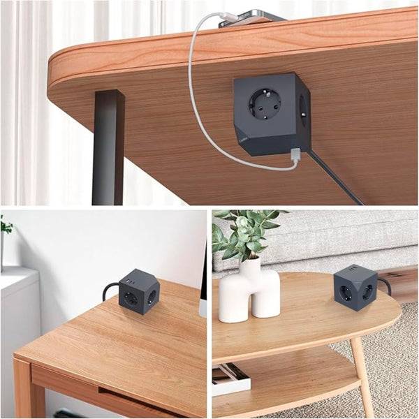 Coolbox Cubik Magnet Cubo Multienchufes de Sobremesa con 3 Tomas + 2x USB-C 20W max. - 1x USB-A 15W max. - Cable de 1,4m - Fijacion Magnetica - Colore Grigio