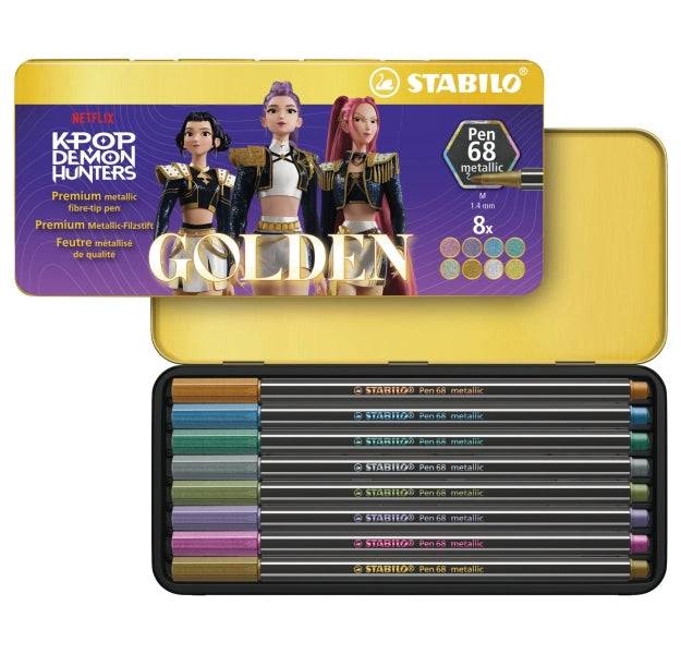Stabilo Pen 68 Metallic K-Pop Demon Hunter Scatola Metallica con 8 Pennarelli Punta in Fibra - Tratto 1mm circa - Inchiostro a Base Acqua - Colori Metallici Assortiti