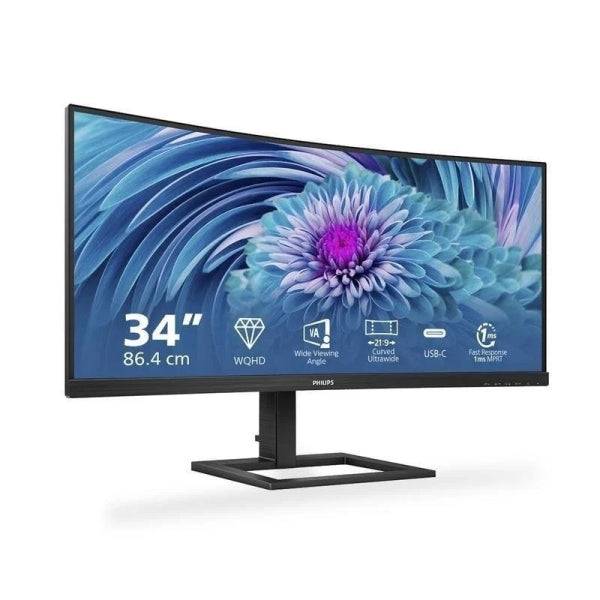 Philips E Line 346E2CUAE/00 Monitor 34" LED Curvo WQHD+ 100Hz FreeSync Premium - Tempo di Risposta 1ms - Altoparlanti 10W - Regolabile in Altezza e Inclinabile - 21:9 - HDMI, DisplayPort, USB-C - VESA 100x100mm