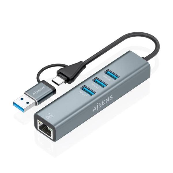 Aisens Convertitore USB3.2 Gen1 + USB-C a Ethernet Gigabit 10/100/1000 Mbps - Hub 3xUSB3.0 - 15cm - Colore Grigio