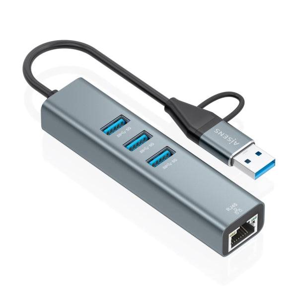 Aisens Convertitore USB3.2 Gen1 + USB-C a Ethernet Gigabit 10/100/1000 Mbps - Hub 3xUSB3.0 - 15cm - Colore Grigio