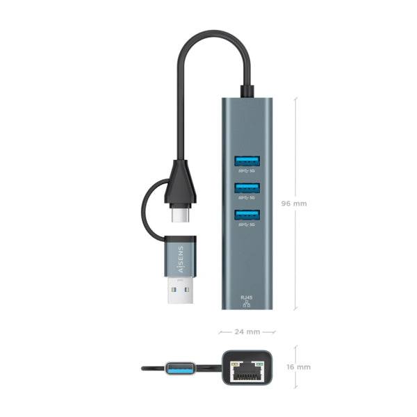 Aisens Convertitore USB3.2 Gen1 + USB-C a Ethernet Gigabit 10/100/1000 Mbps - Hub 3xUSB3.0 - 15cm - Colore Grigio