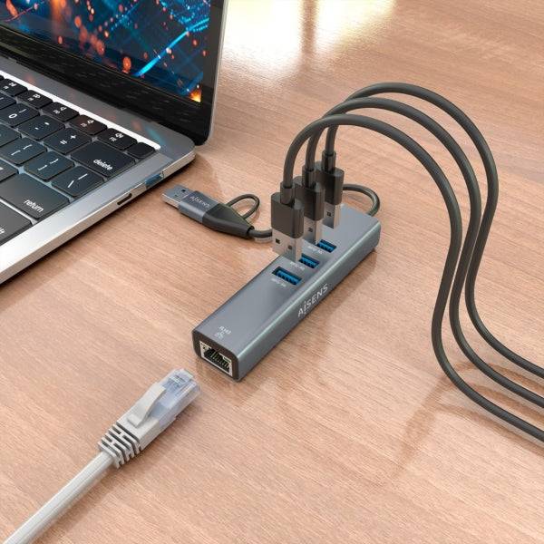 Aisens Convertitore USB3.2 Gen1 + USB-C a Ethernet Gigabit 10/100/1000 Mbps - Hub 3xUSB3.0 - 15cm - Colore Grigio