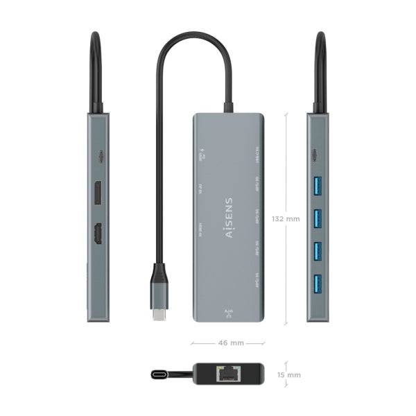Aisens Docking Station USB-C 9 in 1 - USB-C a 1xHDMI - 1xDisplayPort - 1xRJ45 - 4xUSB-A 5G - 1xUSB-C 5G - 1xUSB-C PD 100W - 20cm - Colore Grigio