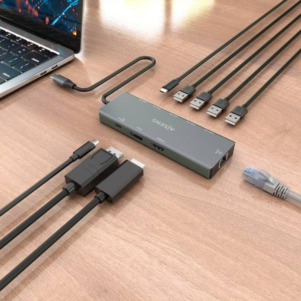 Aisens Docking Station USB-C 9 in 1 - USB-C a 1xHDMI - 1xDisplayPort - 1xRJ45 - 4xUSB-A 5G - 1xUSB-C 5G - 1xUSB-C PD 100W - 20cm - Colore Grigio