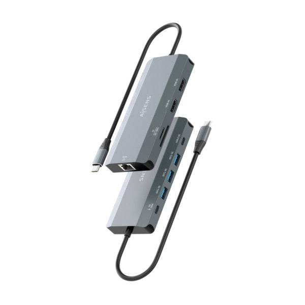 Aisens Docking Station USB-C 12 in 1 - USB-C a 2xHDMI - 1xRJ45 - 3xUSB-A - 1xUSB-C - 1xUSB-C PD 100W - 1xSD - 1xMicroSD - 20cm - Colore Grigio