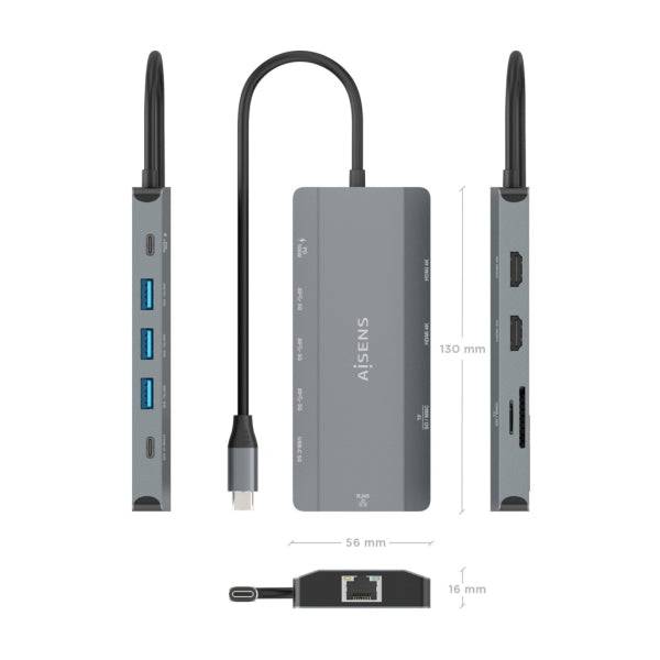 Aisens Docking Station USB-C 12 in 1 - USB-C a 2xHDMI - 1xRJ45 - 3xUSB-A - 1xUSB-C - 1xUSB-C PD 100W - 1xSD - 1xMicroSD - 20cm - Colore Grigio