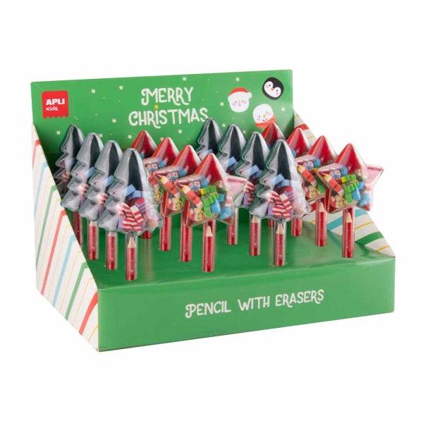 Apli Natale Espositore 12 Confezioni Matite con Mini Gomme - Designs Natalizi Diversi
