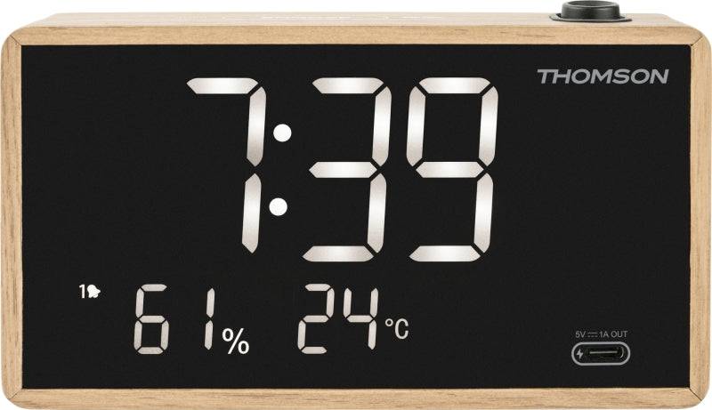 Thomson Radiosveglia con Proiezione - Radio FM - Visualizzazione Temperatura Ambiente - Angolo Proiezione Regolabile - Colore Legno