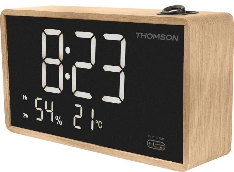 Thomson Radiosveglia con Proiezione - Radio FM - Visualizzazione Temperatura Ambiente - Angolo Proiezione Regolabile - Colore Legno