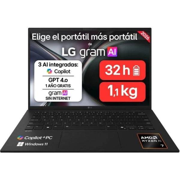 LG Gram 14Z95U-G.AU85BN Portatile 14" AMD Ryzen AI 7 450 - 32GB DDR5 - 512GB SSD - Windows 11 Home - Colore Nero - Tastiera QWERTY (ES)