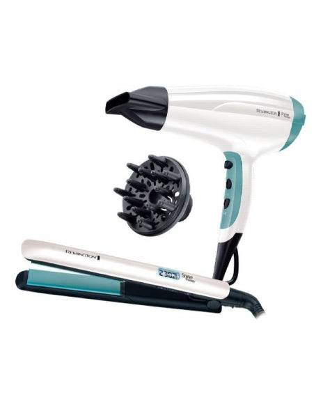Remington Shine Therapy Pack Asciugacapelli e Piastra - 2300W - Asciugacapelli con Griglia Ceramica-Ionica - Piastra Ceramica con Rivestimento Olio di Argan