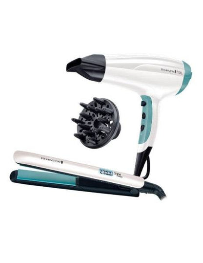 Remington Shine Therapy Pack Asciugacapelli e Piastra - 2300W - Asciugacapelli con Griglia Ceramica-Ionica - Piastra Ceramica con Rivestimento Olio di Argan