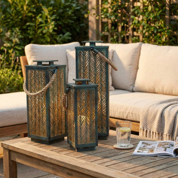 Set 3 lanterne metallo con manico juta, decoro nero/verde, interno oro