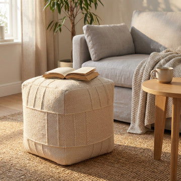 Pouf quadrato in cotone e lana, 40x40x40 cm, colore bianco