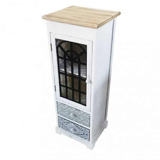 Mobiletto bianco in legno con anta in vetro decorato nero e tre cassetti decorati, superficie superiore in legno naturale, dimensioni 32x29x88 cm