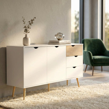 Mobile in legno bianco e naturale con 2 ante e 3 cassetti