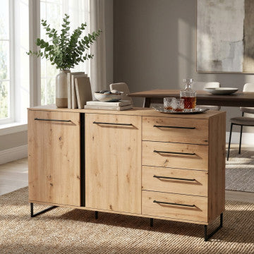 Mobile basso rovere artigiano con ante nere, 159 x 42 x 92,5 cm