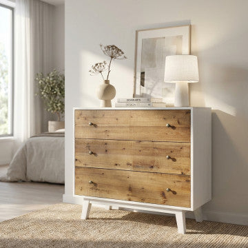 Mobile bianco con 3 cassetti decoro naturale 100x45x90 cm truciolare