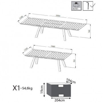 Schema tecnico del tavolo Zante allungabile 200/300 x 110 con misure dettagliate e peso per spedizione.