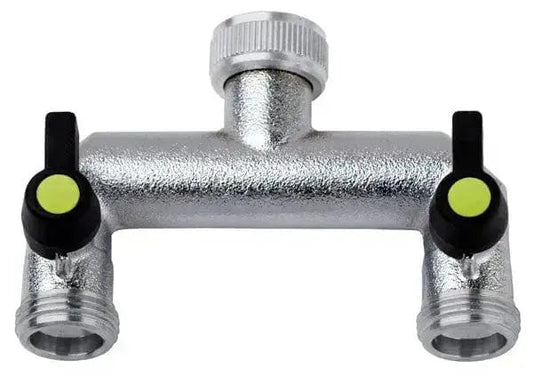 Rubinetto a 2 vie att/usc.3/4p cromato per giardinaggio con attacchi indipendenti regolabili, ideale per impianti irrigazione e raccordi 3/4”