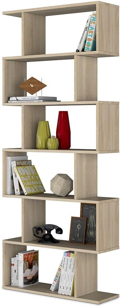 Libreria componibile alta 'Athena' 6 vani in rovere canadian, 192 cm, con design moderno e spazi per libri e decorazioni.