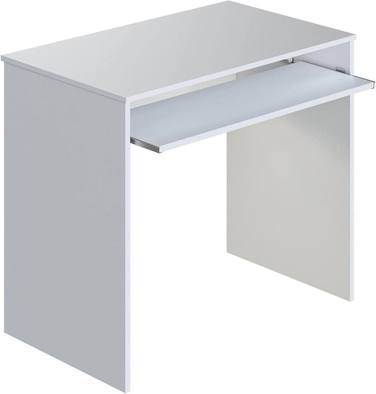 Scrivania bianca Artik 90x54x79 cm con piano estraibile salvaspazio. Struttura compatta e funzionale per ambienti ridotti.
