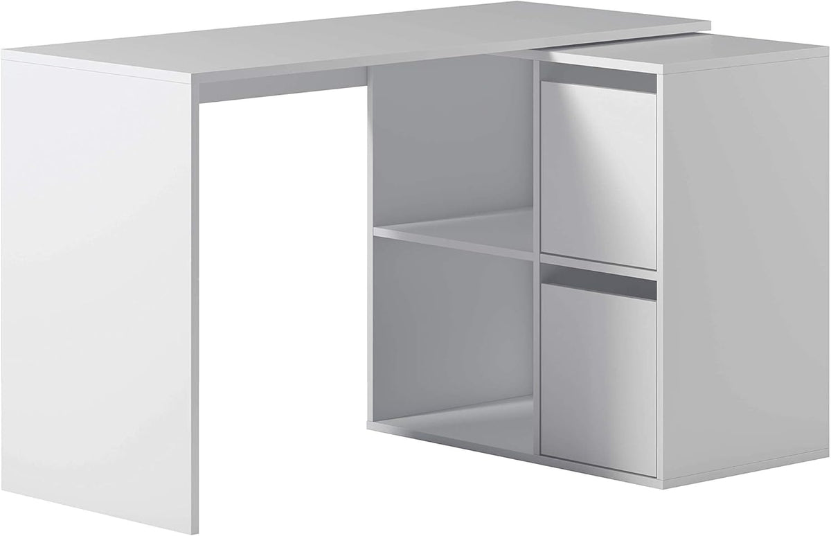 Scrittoio regolabile bianco opaco con struttura reversibile e vani portaoggetti. Perfetto per organizzare documenti e accessori.