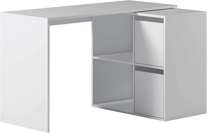 Scrittoio regolabile bianco opaco con struttura reversibile e vani portaoggetti. Perfetto per organizzare documenti e accessori.