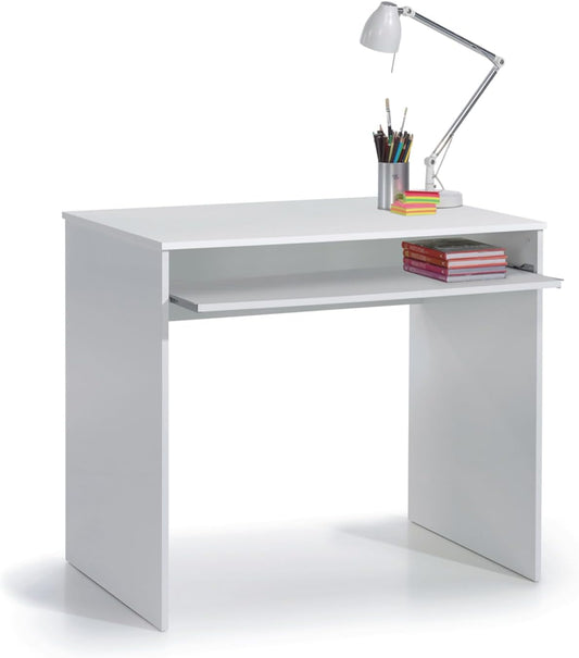 Scrittoio bianco Artik 90x54x79 cm con piano estraibile, ideale per piccoli spazi. Design moderno, perfetto per studio o ufficio.