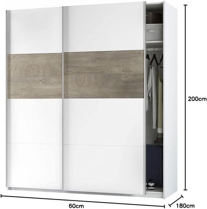Armadio a due ante scorrevoli Bianco Artik e Rovere Alaska con dimensioni 180x60x200h, perfetto per spazi funzionali.
