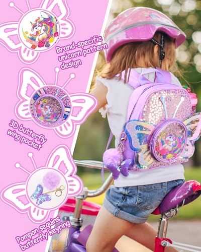 Zainetto Unicorno per Bambina, Ali di Farfalla, PU Paillettes, Regalo per Scuola/Compleanno/Natale