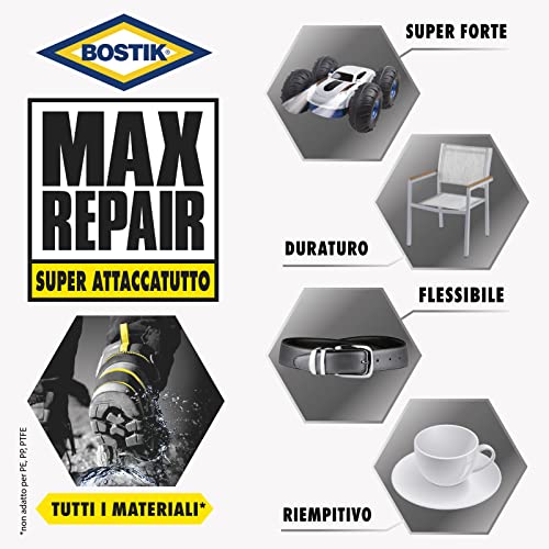 Bostik MAX REPAIR adesivo di riparazione super forte, flessibile, per incollaggi estremi g 20, Trasparente