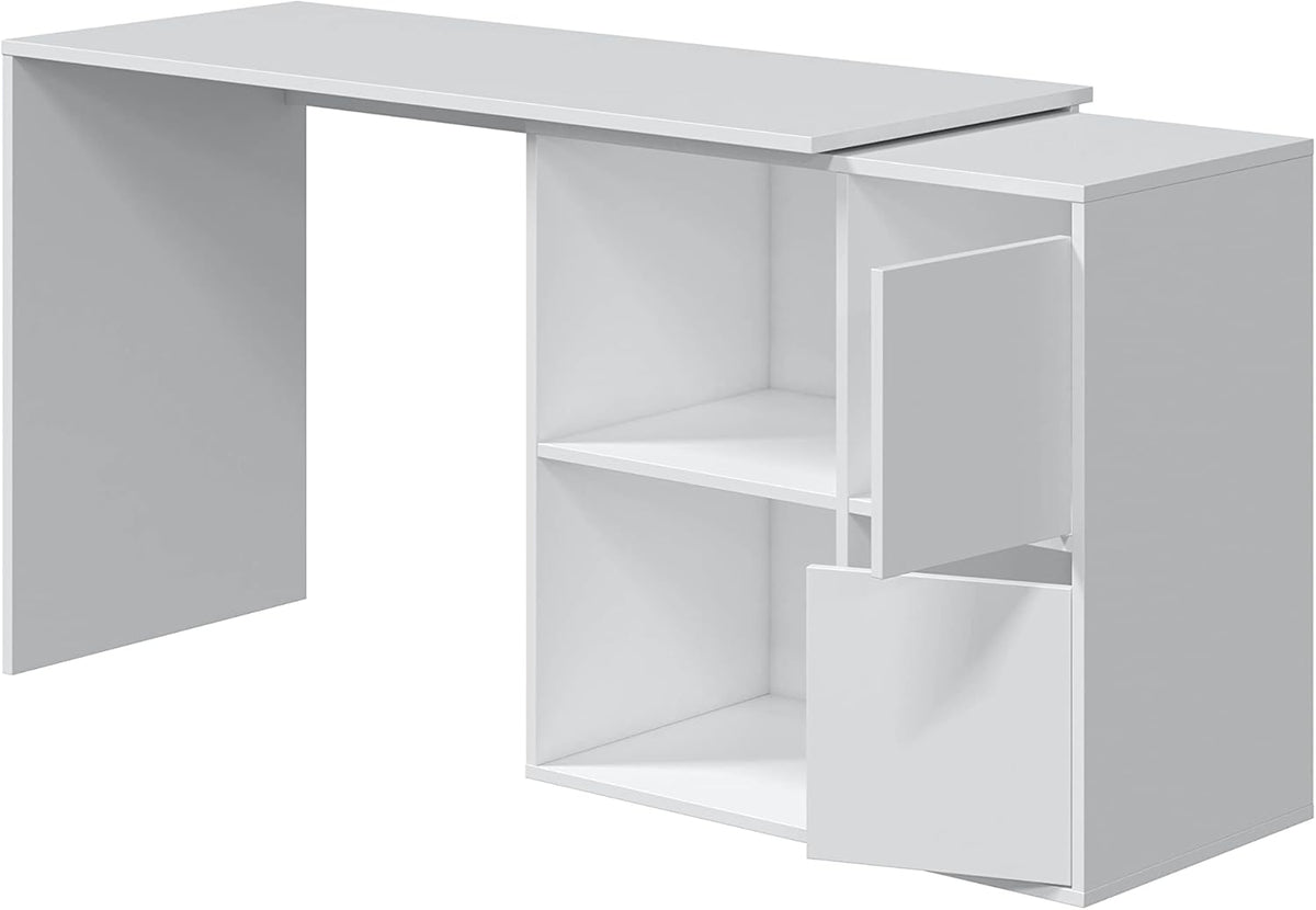 Scrivania bianca reversibile con vani portaoggetti aperti e chiusi, design funzionale per casa o ufficio. Dimensioni regolabili per adattarsi agli spazi.