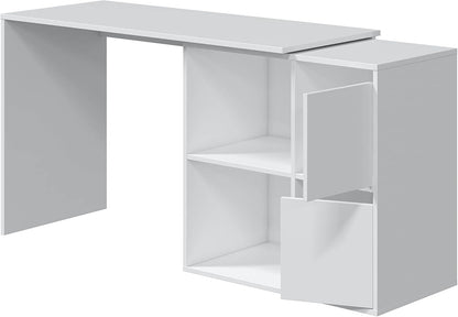 Scrivania bianca reversibile con vani portaoggetti aperti e chiusi, design funzionale per casa o ufficio. Dimensioni regolabili per adattarsi agli spazi.