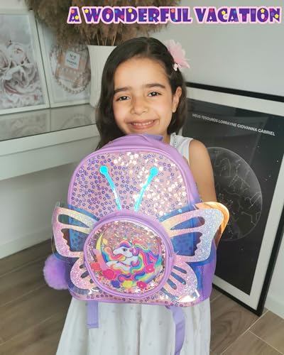 Zainetto Unicorno per Bambina, Ali di Farfalla, PU Paillettes, Regalo per Scuola/Compleanno/Natale