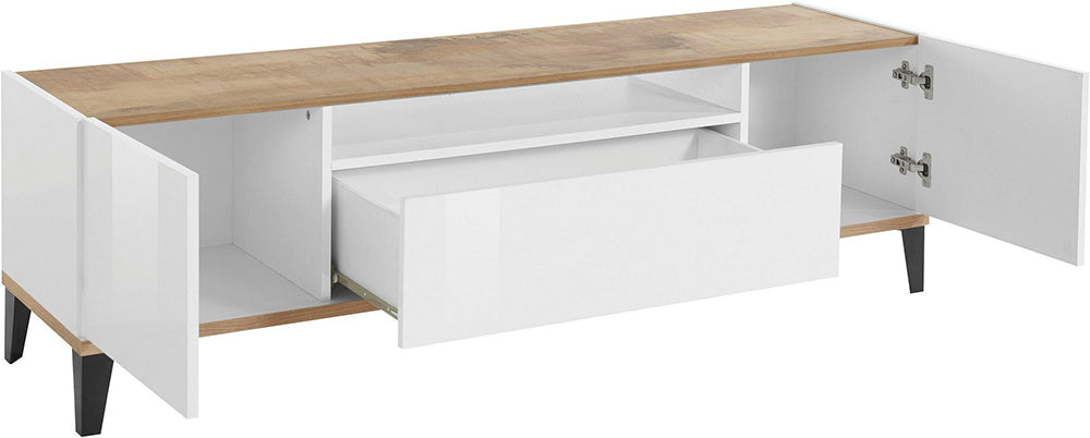 Porta TV SUNRISE 160 cm - Bianco/acero, con vani e cassetto