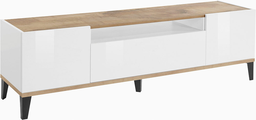 Porta TV SUNRISE 160 cm - Bianco/acero, con vani e cassetto