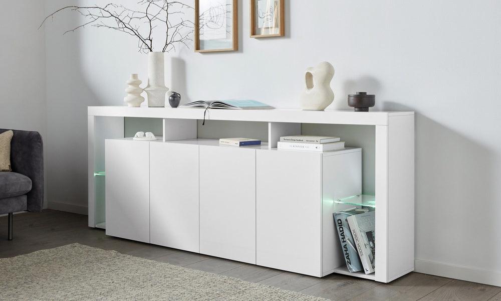 Credenza ESSENTIAL 4 Ante 220 cm - Mobile Moderno con Ripiani in Vetro e Spazi Capienti