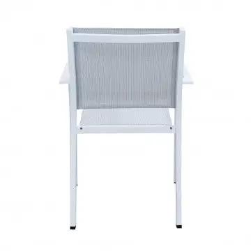 Retro della poltrona Zante impilabile in alluminio bianco con schienale in textilene, ideale per giardini e terrazze.