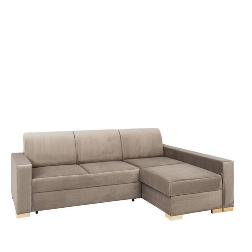Divano letto angolare beige STABLE in tessuto morbido, con braccioli larghi e seduta spaziosa, ideale per soggiorni confortevoli e funzionali.