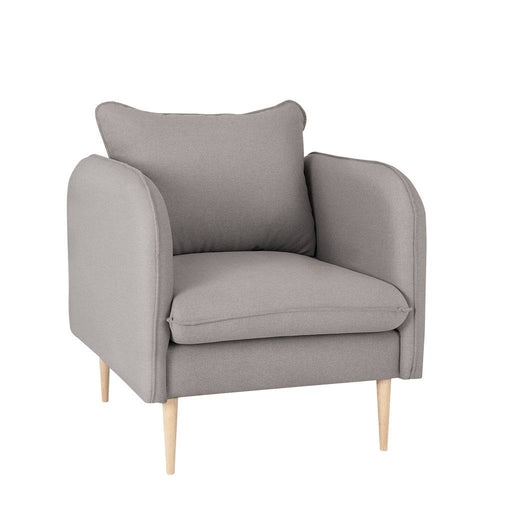Poltrona moderna in tessuto grigio chiaro con struttura in legno chiaro, design minimalista, ideale per soggiorno, SKU: AC070POSH-ET91